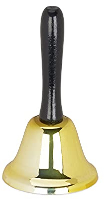 Relaxdays Tischglocke Handglocke, lauter Klang, Holzgriff, Schule, Rezeption, Weihnachtsdeko, Eisen, 12 cm groß, Gold