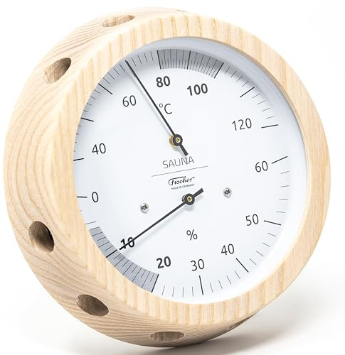 Fischer 5076.00 Sauna-Klimamesser - 155mm Haar-Hygrometer und Bimetall-Thermometer aus Esche Made in Germany
