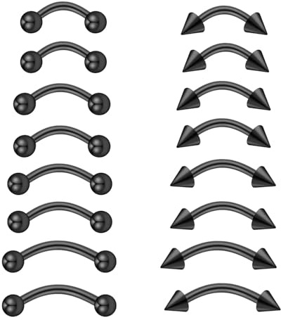 VIDSTW 16 Stück Piercing Set 6/8/10/12mm Edelstahl Augenbrauen Piercing, Lippenpiercing Körper Piercing, Pircingssets Ohr Gebogenes Stabdesign, für Nase Ohren Lippen Augenbrauen (Schwarz)