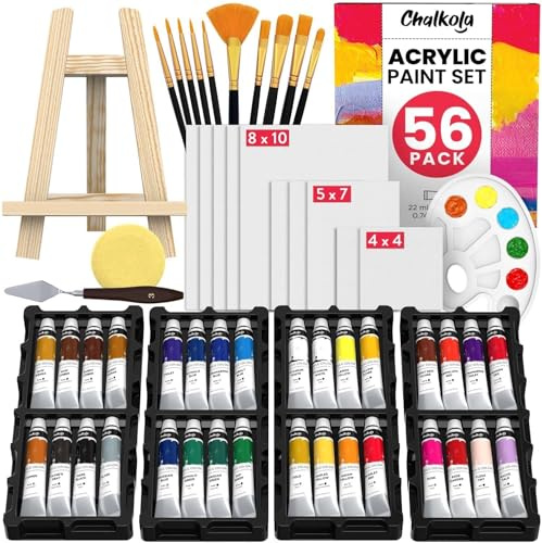 Chalkola Acrylfarben Set für Leinwand, 32 Farben (je 22ml) mit Staffelei | Acrylfarbe mit 10 Leinwänden, 10 Pinseln & Tischstaffelei, Ungiftig & Wasserfest für Holz, Kunststoff, Anfänger & Profis
