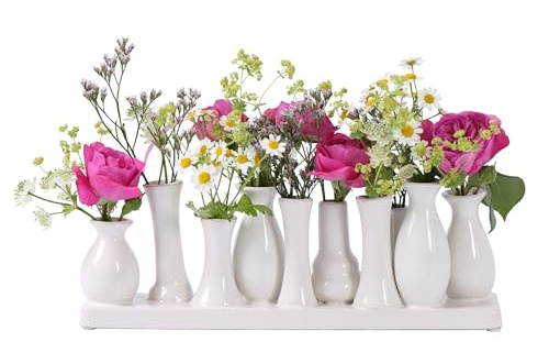 Jinfa Vasen Set Weiß - 10 kleine Blumenvasen auf Tablett - Minivasen Keramik für Tischdeko - Moderne Miniatur Keramikvasen für einzelne Blumen mehrere Vasen in Einer für Trockenblumen und Pampasgrass