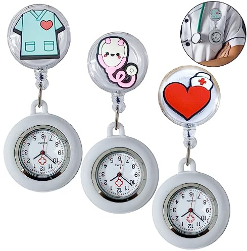 Aicharynic 3 Stück Krankenschwester Uhr Schwesternuhr mit Clip Schwesternuhr Ansteckuhr fob Pflegeuhr Dehnbare Silikon Hülle mit Leuchtend für Damen Pflegeuhr Taschenuhr Ansteckuhr