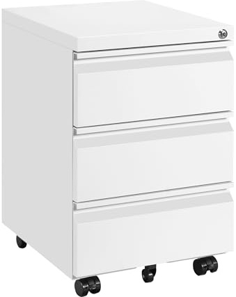 LVSTEEL Rollcontainer, Aktenschrank Abschließbar mit 4 Schlüsseln, Büroschrank aus Metall, Aktenschrank unter Schreibtisch, mit 3 Schublade, Vormontiert, Abschließbarer, Büro, Weiß