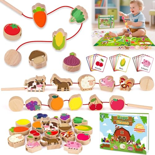 Montessori Spielzeug ab 2 1 3 Jahre: Geschenk Mädchen 1-3 Jahre Junge Fädelspiel Bauernhof Motorikspielzeug für Kinderspielzeug ab 2-3 Jahr Mädchen Holzspielzeug Lernkarten für Kleinkinder ab 2 Jahren
