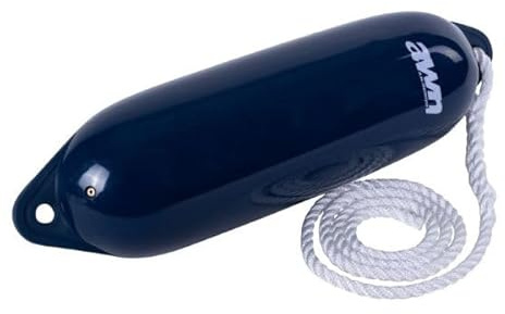 AWN Bootsfender, Langefender mit Leine, mit 1,5 m Fenderleine, hochwertiges Messingventil, robuster Schutz, Fender für Boote, Ø 14x53 cm, Dunkelblau