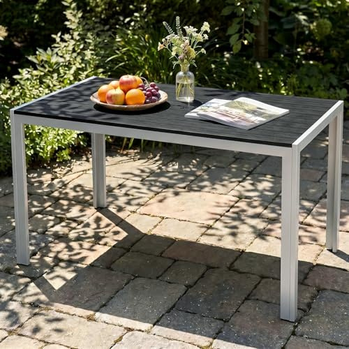 LIFERUN Gartentisch 110x70 cm mit Aluminiumrahmen - Rechteckiger WPC Balkontisch für 4-6 Personen, wetterfester und UV-beständiger Terrassentisch, moderner Outdoor Esstisch in Holzoptik, Silber Grau