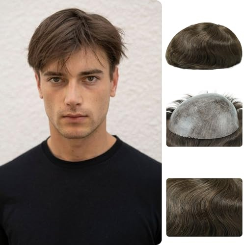Zakya Echthaar Toupet für Männer,100% Echthaar,Leichte Mittlere Dichte,Perücke für Männer Haarersatzsystem,Basisgröße 20 x 25 CM (Mittleres Dunkelbraun 4#(Asche))
