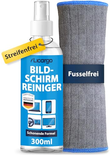 LICARGO Bildschirmreiniger Set 300ml - Streifenfrei & schonend - Display Reiniger mit Mikrofasertuch 380 GSM - Screen Cleaner für TV (LCD, LED, OLED, QLED, TFT) Monitor, Laptop, Tablet & Handy
