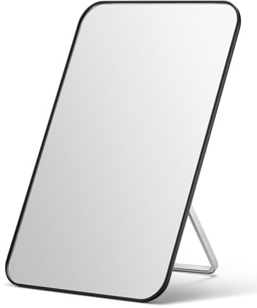 OMIRO Schreibtisch-Make-up-Spiegel, 20,3 x 12,7 cm, Tischspiegel mit faltbarem Ständer und Aufhängeloch zum Rasieren und Reisen, Schwarz