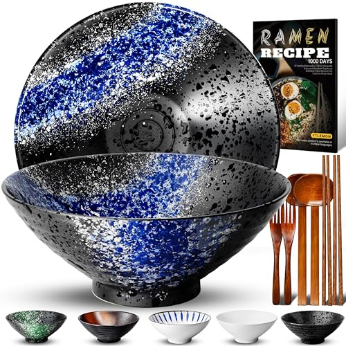 8 Zoll Keramik Ramen Schüssel 2 Set(9-Teilig) - Japanisches Porzellan Geschirr mit Gabel Essstäbchen Löffel und Rezepte Spülmaschinenfest für Nudeln Suppen Getreide Salate Geschenke für neuen Häusern