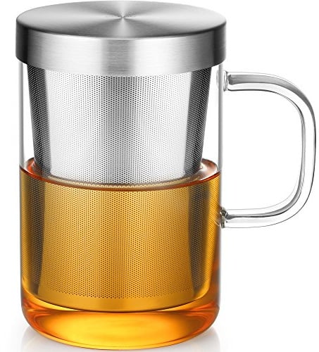 ecooe 500 ml(volle Kapazität) Glas Tasse mit Silberne Edelstahl Sieb und Deckel Teeglas Teebecher aus Borosilikat Teetasse