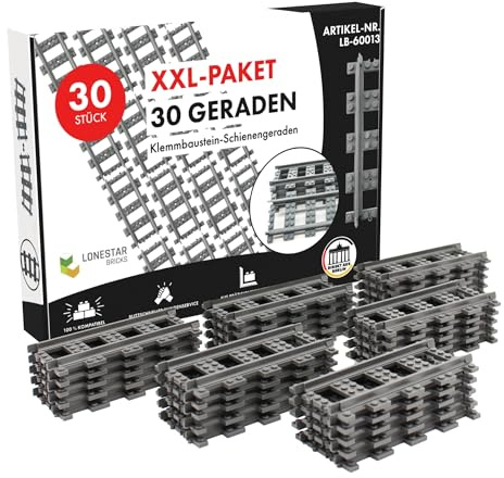 LONESTAR Klemmbausteine, XXL Pack, 30 Geraden, Bausteine Schienen Set City, grau, kompatibel mit Klemmbausteinen, langlebiges Zubehör, Erweiterungsset für Eisenbahn Landschaft, Robustes Material