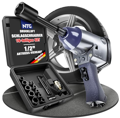 NTG Druckluft Schlagschrauber 310 Nm 1/2 Zoll mit Koffer und 10 Nüssen für Reifenwechsel KFZ Werkstatt Set 16-teilig mit Drehmoment Schnellkupplung Mini Nebelöler 6,3 bar
