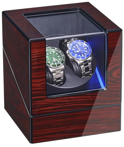 ANWBROAD Automatik Uhrenbeweger 2 Uhren,Automatic Watch Winder,Uhrendreher mit Leisem Motor,4 Rotationsmodi,LED-Beleuchtung,Uhrenbeweger mit Batterie oder Netzteil,Rote Holzoptik Klavierlack JWW001Y