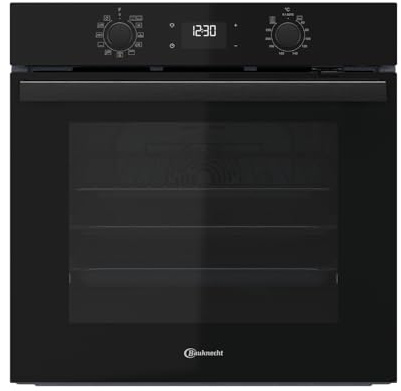Bauknecht BBA285HU1K Einbau-Backofen, 60 cm, 71 l, Heißluftbackofen mit 12 Funktionen, PowerHeißluft, Multi-Level-Kochen, Pizzafunktion, versenkbare Knebel, Schwarzglas