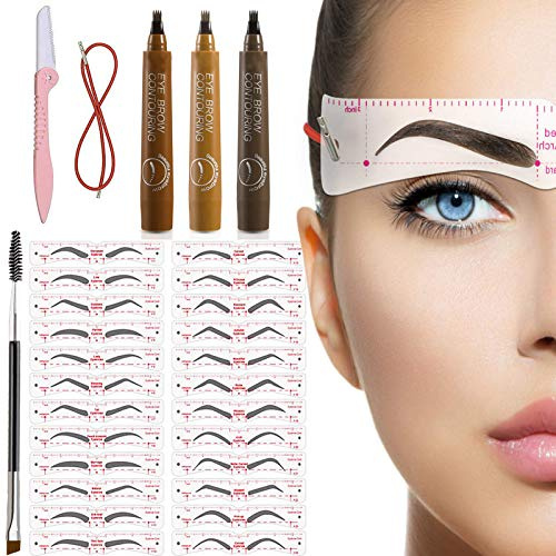 TEUVO 24 Stile Augenbrauen Schablone für Anfänger 3 Minuten Make-up, Wiederverwendbar Augenbrauen Schablonen Set mit 1 Pinsel 1 Trimmer und 3 Augenbrauenstifte