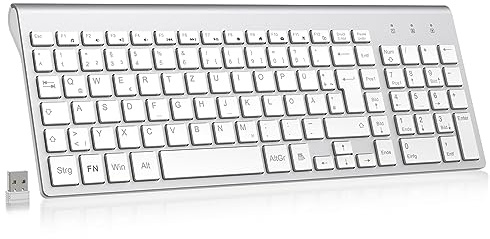 cimetech Tastatur Kabellos Ergonomische Kabellose Tastatur Flache Tasten 2,4 GHz Wireless Keyboard Funktastatur QWERTZ Layout 10m Reichweite Kompatibel mit PC, Desktop, Notebook, Laptop (Slim_Silber)