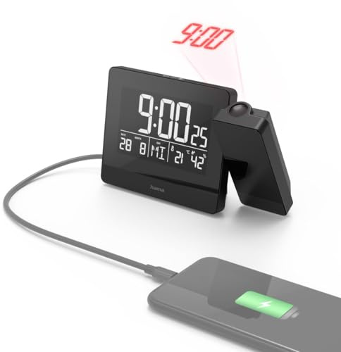Hama Projektionswecker mit USB-Anschluss (Digitaler Funkwecker mit Touch-Screen, Wecker mit Projektion inkl. Netzteil) schwarz