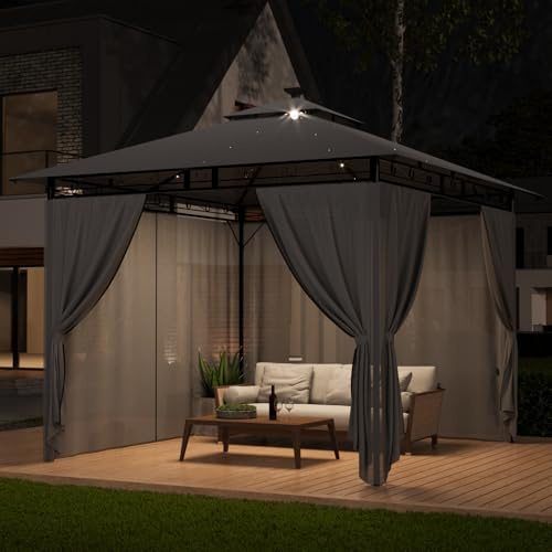 TRIUMPHKEY Pavillon 3x3 Wasserdicht Stabil Winterfest, Garten Pavillion mit seitenwänden, UV-Schutz 50+, Plane Gartenlaube, Metallrahmen Pavillon, Patio Gazebo, Grau mit LED