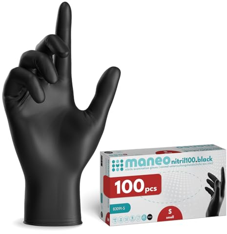maneo 100x Einweghandschuhe Schwarz, Nitril Handschuhe puderfrei S | Einmalhandschuhe, Handschuhe Einweg, latexfreie Gummihandschuhe, Nitrilhandschuhe, Putz-, Koch- & Haushalts-Handschuhe