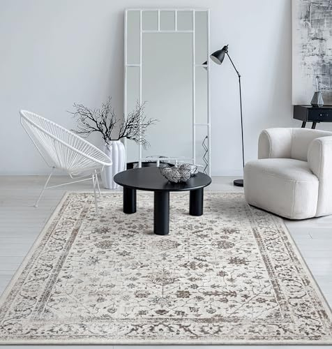 the carpet Mila Teppich – moderner Kurzflor Wohnzimmerteppich mit 3D Hoch-Tief-Effekt, Glanzeffekt & weicher Oberfläche, Fußbodenheizung geeignet, Bordüre, Creme, 80 x 150 cm