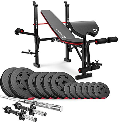 Hop-Sport Hantelbank mit Gewichten HS-1055, klappbare Trainingsbank mit Curlpult, Butterfly und Beincurler Inkl. 38 kg - 129,5 kg Hanteln Set