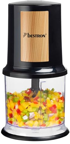 Bestron elektrischer Multi-Zerkleinerer, Universalzerkleinerer mit zwei Schneidemessern & 500ml Kapazität, große Pulstaste, 400 Watt, Black & Wood Kollektion, Farbe: Schwarz/Holz