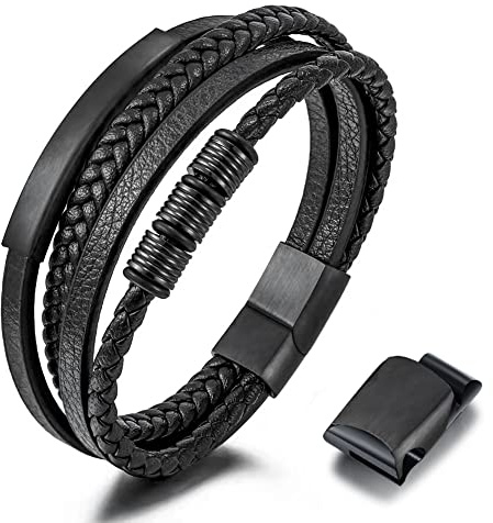 Gkmamrg Geschenke für Männer Herren Armband Leder Armreif schwarz Lederband, geflochten Echtleder Breites Lerderarmband Wickelarmband mit Magnet Verschluss