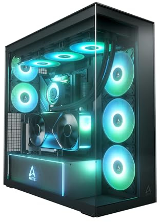 ARCTIC Xtender VG Black (Mirror Glass) mit vertikaler GPU-Halterung - PC-Gehäuse, Verspiegeltes Glas, 2X 420 mm Radiator Support, Full Tower, Big Tower, E-ATX, 5X A-RGB Lüfter vormontiert - Schwarz