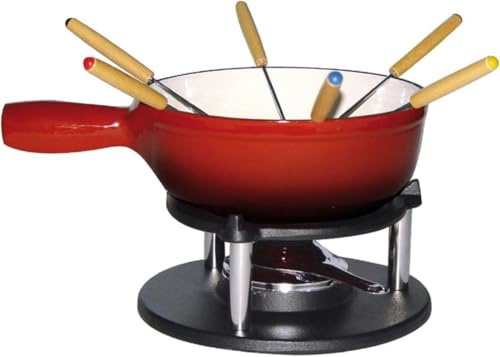 Baumalu - Fondue-Set aus rotem emailliertem Gusseisen - Abmessungen 20 cm - ideal für 6 Personen - inklusive Rechaud - Brenner - Caquelon und 6 Gabeln - hochwertige Küchenutensilien