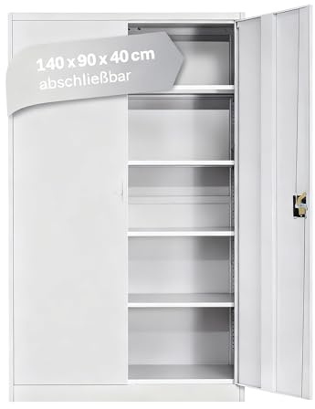 Lager|Zwei LagerZwei Mehrzweckschrank 140x90x40 cm I Weiß I Abschließbar | Büroschrank mit 4 Fachböden I Aktenschrank I Allzweckschrank I Metallschrank I Werkstattschrank I Für Arbeitszimmer