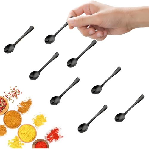 GlamRays 8 Stück Tiny Edelstahl Löffel für Gewürzgläser, Mini Größe 7,5CM, Cute Small Edelstahl Gewürz Löffel für Gewürze, Salz, Fun Little Scoops(Schwarz)