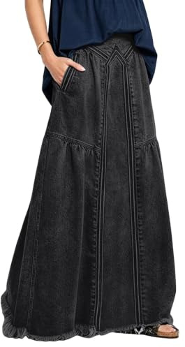 ebossy Damen Casual Elastische Taille Ausgefranster Saum A-Linie Distressed Hippie Lang Maxi Denim Rock