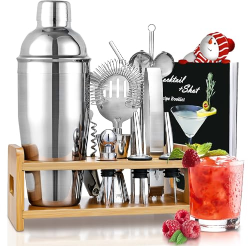 Cocktail Shaker Set, 750ml Edelstahl Shaker Set, 15 Teiliges Professionelles Cocktail Mix Set, Barkeeper Set mit Bambus Ständer, Rezeptbuch, Messbecher, Löffel, Geschenk Set für Bar, Zuhause