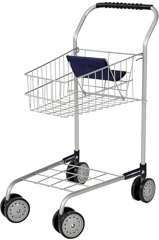 Bayer Design Einkaufswagen für Kinder, Silber mit integriertem Sitz | aus Metall, Doppelräder, Kaufladenzubehör