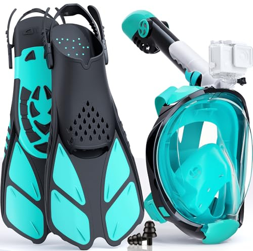 Schnorchelset für Erwachsene, Faltbare Vollgesichtsmaske mit Flossen, CO2-sicher, Anti-Beschlag & auslaufsicher inkl. Tragetasche - Schnorchelmaske Erwachsene für Schnorchelurlaub