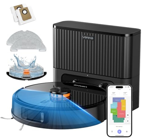 VONKO S6 Pro Saugroboter mit Wischfunktion und Absaugstation, 8000Pa Saugkraft,LiDAR 2.0 Laser Navigation,180 Min.Laufzeit,Teppicherkennung,App/Alexa,Ideal für Tierhaare, Hartböden,Schwarz