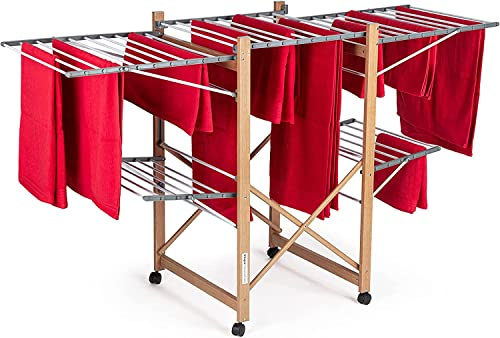 Vitapur House Care XXL Wäscheständer mit Rollen - 2 Ebenen Standtrockner 21m Trockenlänge - Klappbar 12cm Holzoptik - Mobile Flügelwäschetrockner Innen Außen - 25kg Belastbar 136x69cm Platzsparend