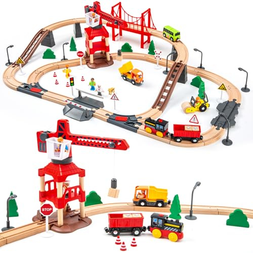86er Set Holzzüge mit Kran, Holz Eisenbahnset passend für Thomas Brio Sets, Weihnachtsbahn Spielzeug für 3-5 Jahre Kinder und Kleinkinder