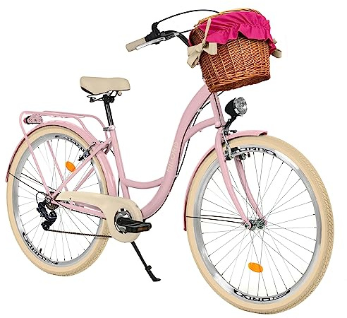 MILORD Damenfahrrad Citybike Komfort Mit Weidenkorb Hollandrad Vintage Fahrrad, 26, 28 Zoll, 7-Gang (Rosa-Creme, 26 Zoll)
