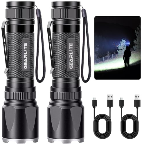GEARLITE Taschenlampe Led Aufladbar 2Pack, 3000L Extrem Helle Zoombar Torch | 3 Lichtmodi & Langer Betriebsdauer, IP65 Wasserdicht Taktische Handlampe, Mini Flashlight für Camping Angeln Notfäll Outdoor