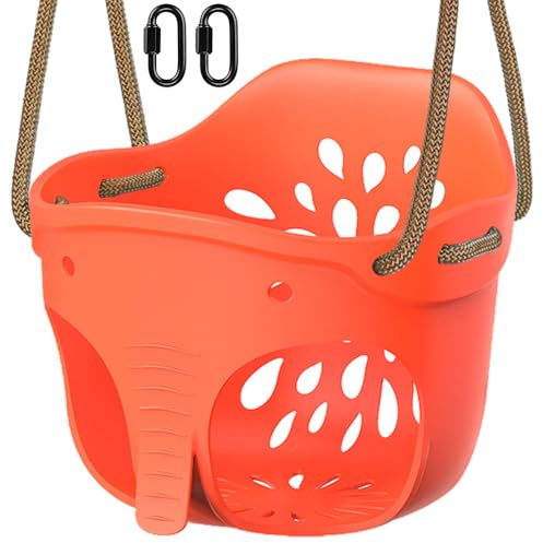 SELEWARE Niedliche Kinderschaukel mit hoher Rückenlehne, mit verstellbarem Seil, Robustes Spielplatz-Schaukel-Set mit 2 Karabinern, Elefanten-Design, Gewichtsbegrenzung bis zu 272 kg, Rot