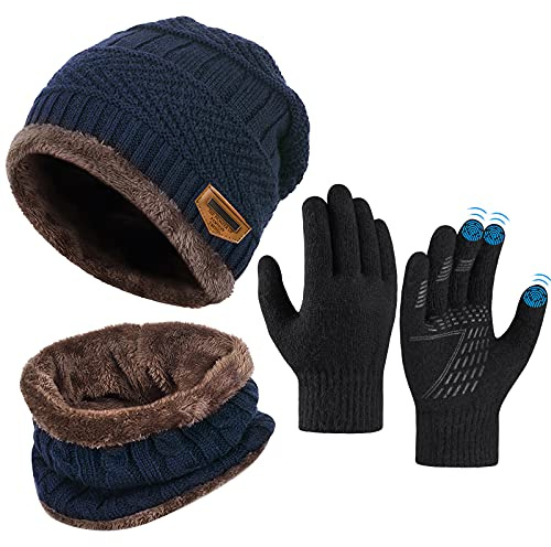 Kinder Wintermütze Schal Handschuhe Set - Beanie Strickmütze Winterschal Thermo Touchscreen Handschuhe | Fleecefutter Warme Knit Hut Loop Schal Rutschfeste | Für Junge Mädchen 5-10 Jahre