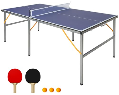 GYMFLEX 182x91cm Tischtennistisch faltbar & tragbar Mid-Size Ping Pong Tisch Set für Indoor & Outdoor Spiele mit Netz, 2 Tischtennisschläger & 3 Bälle, Blaue Tischplatte