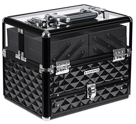 SONGMICS Kosmetikkasten, Schwarz, Acrylglas, klappbare Fächer, XL | Kosmetikkoffer, Kosmetik Aufbewahrung, Multikoffer, Etagenkoffer, GRAICE Kollektion JBC318B