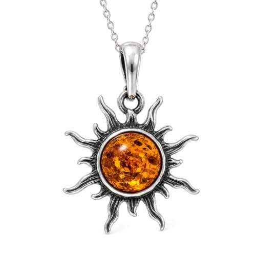 1764 Anhänger Stern Sonne aus echtem baltischen Bernstein und Sterlingsilber, ohne Kette, 8x8 mm, 2.8 x 1.9 cm, Harz, Bernstein