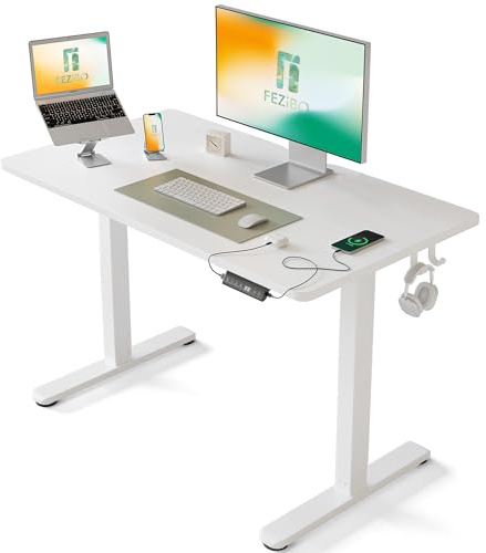 FEZIBO Schreibtisch Höhenverstellbar Elektrisch mit USB-A und USB-C-Ladeanschlüssen,100 x 60 cm,Steh-Sitz-Schreibtisch,Standing Desk,Weiß
