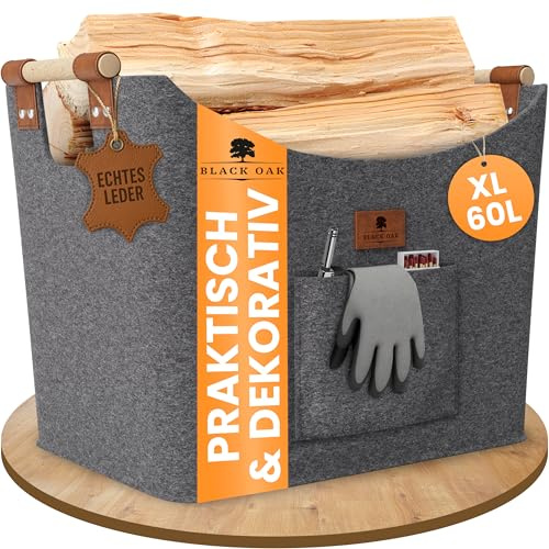 BLACK OAK Montana XL 60L Filzkorb & Holzkorb für Kaminholz - Echt-Leder Applikation + breite Griffe + Fronttasche extra groß - Filz Tasche Korb für Holz faltbar Transport & Aufbewahrung grau