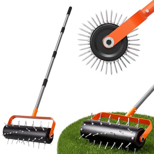 Walensee Rasenlüfter Walze, Robuster Rollender Rasenbelüfter mit 42 Stahlspikes & Verstellbarem Griff, Manueller Lawn Aerator zum Belüften und Auflockern des Bodens für Garten & Rasen