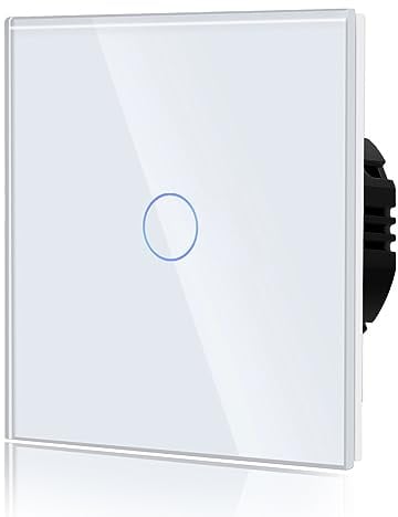 BSEED Touch Lichtschalter aus Glas, Modern Schalter Unterputz, Wandschalter mit LED Hinterlicht (Kein Neutralleiter erforderlich), KEIN WLAN, 86mm 1 Fach 1 Weg Weiß